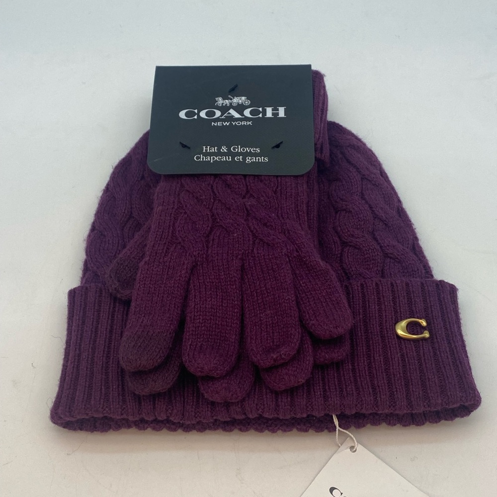 Coach Deep Purple Knit Hat and Gloves